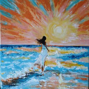 Acrylgemälde "Die Frau am Meer", 50x40 cm, zeigt eine Frau am Ufer in leuchtenden Blau-, Orange- und Gelbtönen, mit dynamischem Himmel und ruhigem Meer.