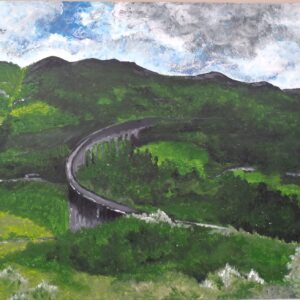 Acrylgemälde 'Das Tal der Brücke' auf 30x40 cm Leinwand – zeigt das Glenfinnan-Viadukt in den schottischen Highlands, inspiriert von der Magie der Landschaft und bekannt aus der Harry Potter-Reihe.