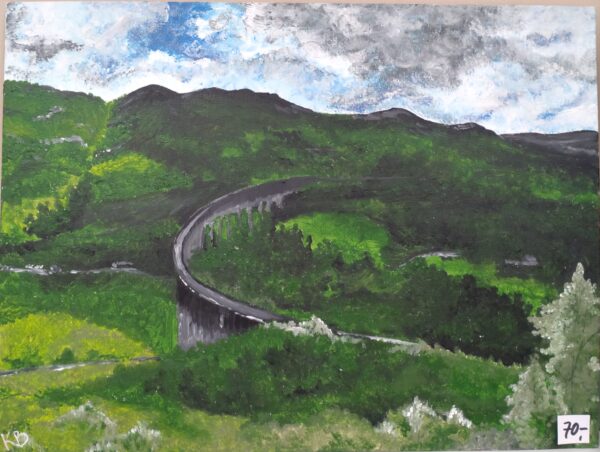 Acrylgemälde 'Das Tal der Brücke' auf 30x40 cm Leinwand – zeigt das Glenfinnan-Viadukt in den schottischen Highlands, inspiriert von der Magie der Landschaft und bekannt aus der Harry Potter-Reihe.