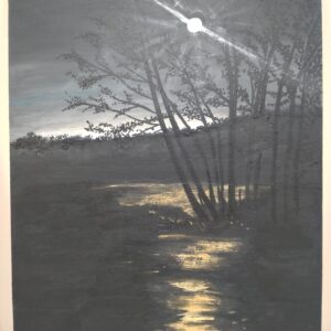 Acrylgemälde 'Mondschein am See' – mystische Mondlandschaft mit goldenen Reflexionen auf 40x30 cm Leinwand, stimmungsvoll und beruhigend.