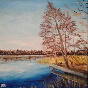 Acrylgemälde ‚Stille am Gördensee‘, Leinwand 50x50 cm, zeigt die Strandseite Grebs mit Bäumen, Schilf und ruhigen Wasserreflexionen.